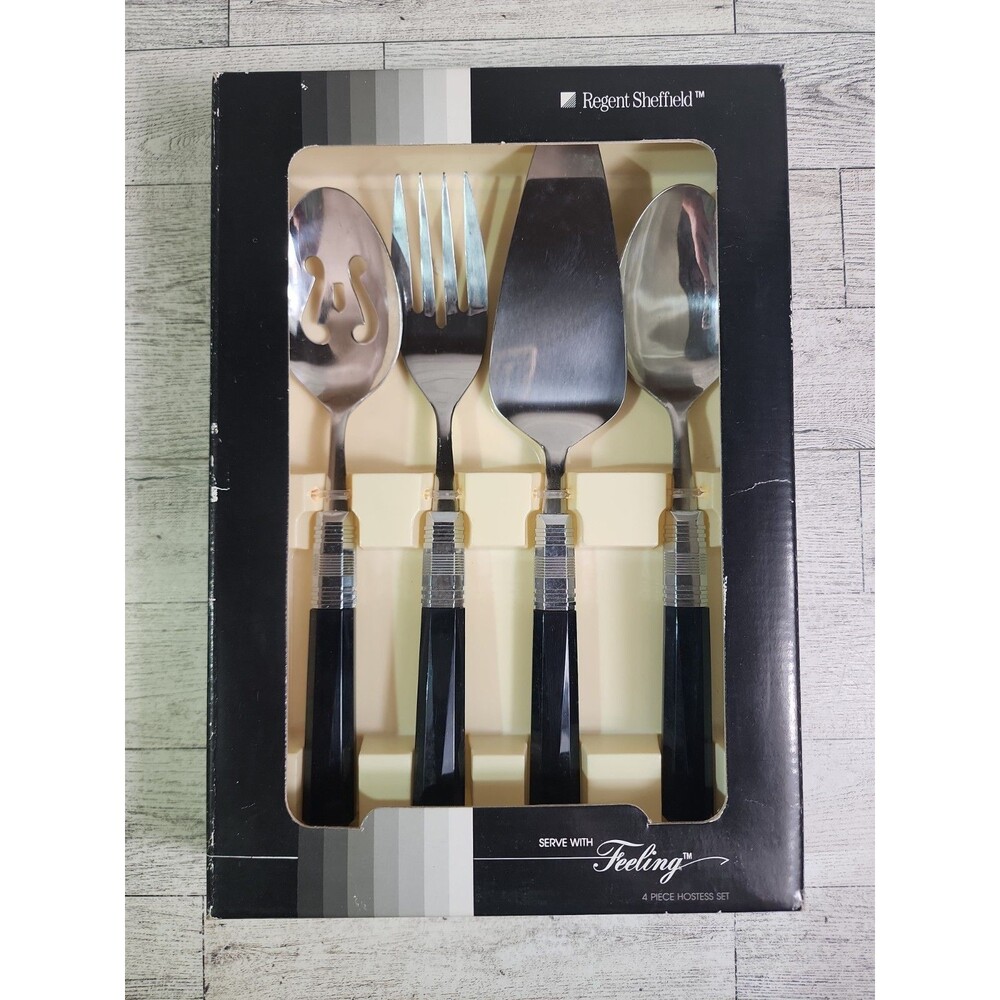 NEW 1987 Regent Sheffield Feeling Ebony 4 Piece Hostess Flatware Set Vintage